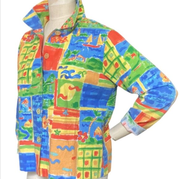 Coldwater Creek Cotton Jacket Sz M Watercolor Beach Print #27Q - Picture 4 of 9
